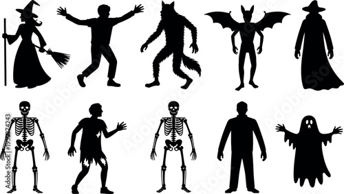 Halloween spooky character silhouettes set with witch ghost skeleton werewolf vampire demon and zombie figures in horror poses isolated on white background, scary fantasy collection