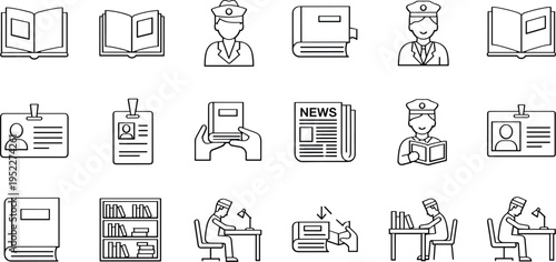 Library and Reading Icon Set with Books Librarian Study Desk ID Cards and Newspaper Elements in Outline Style Isolated on White Background