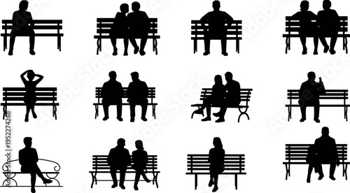 Set of people sitting on park benches silhouettes, black human shadow figures in different poses isolated on white background, urban relaxation lifestyle concept