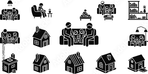 Family Home Lifestyle Icon Set with Parents Children Living Room Scenes Houses and Interior Elements in Silhouette Style Isolated on White Background