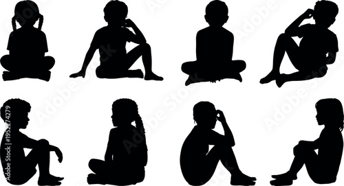Silhouette of diverse young children sitting in various positions and poses, isolated black vector collection of boys and girls for education and childhood designs