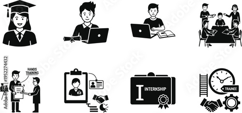 Professional internship and career development icon set featuring student graduation, workplace training, job recruitment process, mentorship, and corporate onboarding for human resources