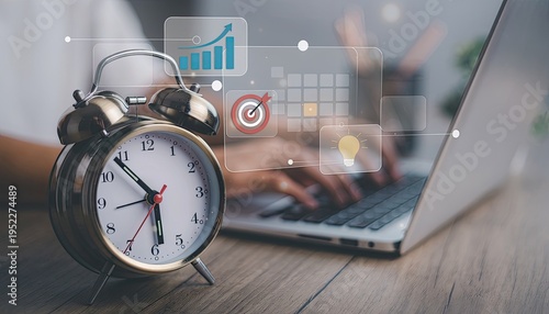 Alarm Clock and Laptop with Business Data Overlays Representing Time Management and Productivity.