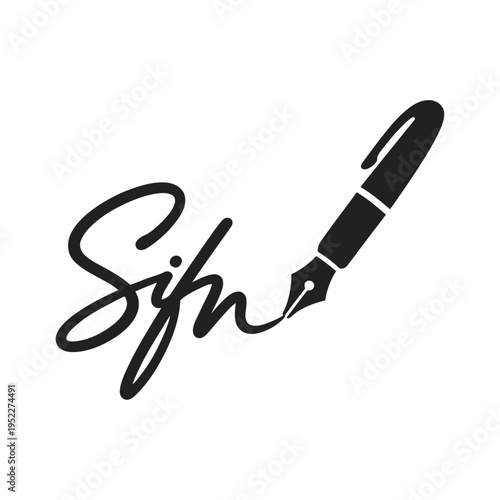 Signature icon with pen, sign underwrite concept, clean vector symbol illustration.