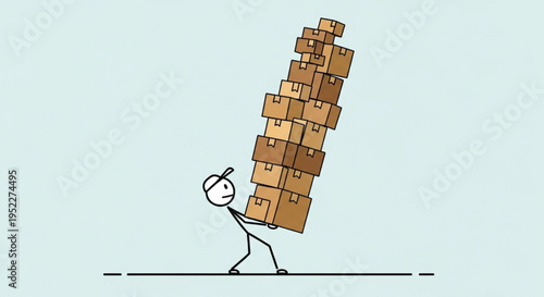 Stick Figure Carrying Large Stack of Cardboard Boxes.