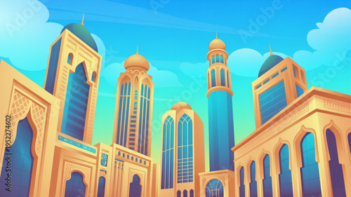 Vibrant illustration of middle eastern architecture with tall towers and domes under a bright blue sky with fluffy clouds