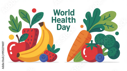 Colorful fruit and vegetable illustration for world health day promoting healthy eating and wellness with vibrant produce