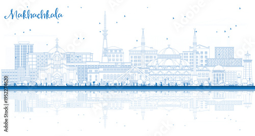 Outline Makhachkala Russia city skyline with blue buildings and Reflections. Illustration. Makhachkala cityscape with landmarks. Travel and tourism concept with modern and historic architecture.