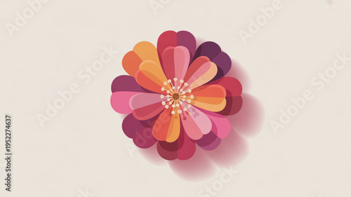 Vibrant multi colored flower graphic with pink orange and purple petals on beige background