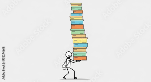 Stick Figure Carrying Tall Stack of Books.