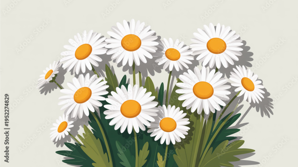 Fototapeta premium A vibrant bunch of white daisies with yellow centers and green leaves on a light beige background symbolizing happiness and innocence in a simple flat illustration style