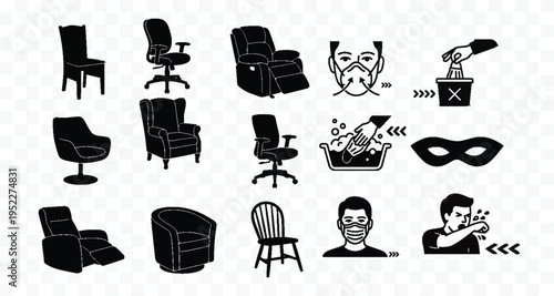 Collection of various office furniture and theatrical elements