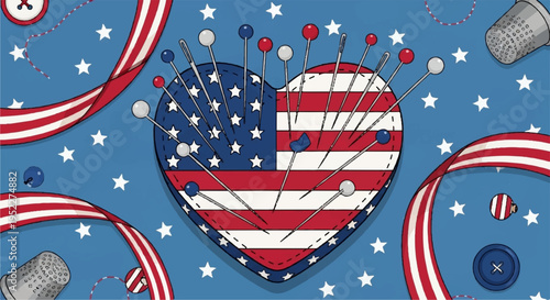 Patriotic heart with sewing pins and american flag design on blue background with stars and ribbons