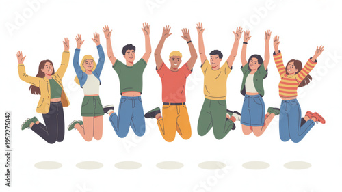 Diverse group of people jumping in the air with arms raised in celebration and joy on white background
