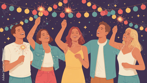 Group of friends celebrating with sparklers at night party under colorful string lights