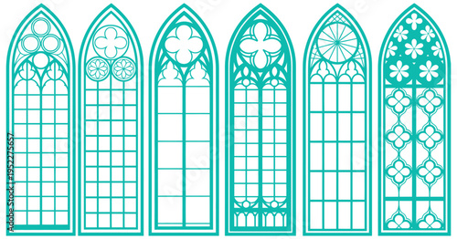 Gothic cathedral window silhouette set, medieval ornamental patterns with vintage catholic architecture elements, renaissance outline shapes isolated on white background for graphic design