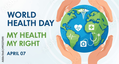 World health day poster with hands holding earth globe and medical symbols on blue background