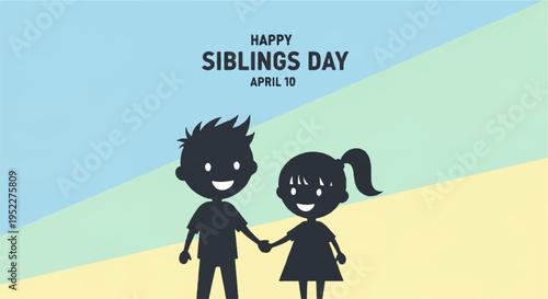 Happy siblings day cartoon illustration with smiling brother and sister holding hands on colorful background