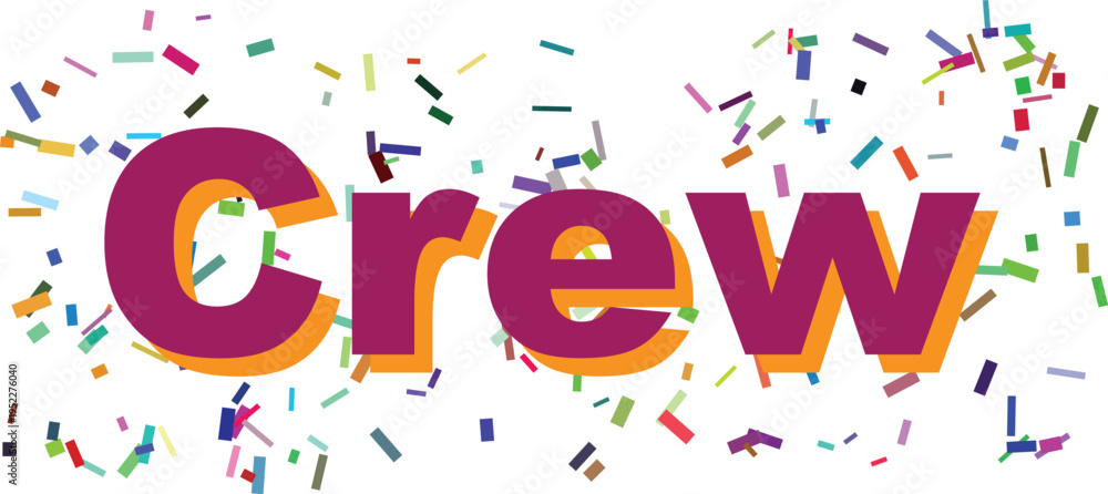 Fototapeta premium The word Crew is presented in bold purple text with an orange shadow on a simple white background, adorned with confetti