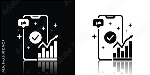 Social Media Growth Icon with Smartphone, Upward Chart, and Marketing Elements Silhouette