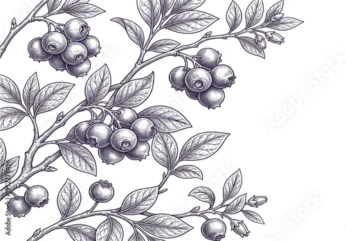 Detailed illustration of ripe blueberries on a branch with leaves against a white background, showcasing natural fruit growth and botanical artistry
