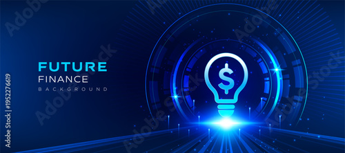 Future finance lightbulb icon, digital technology concept, futuristic blue background vector Financial innovation business idea with glowing light, modern fintech design, abstract data background