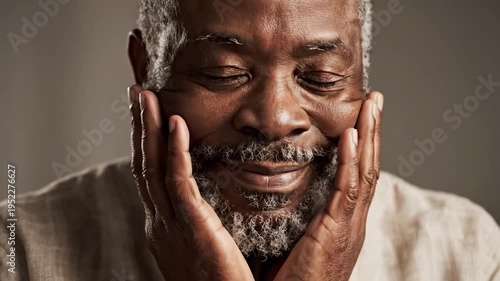 Elderly man with gray beard gently touching his face with closed eyes