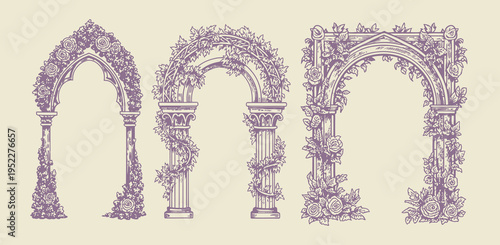 Gothic window frame vector set with hand drawn medieval cloister arch borders, floral vines and flowers, vintage fantasy castle portal design for wedding invitations, stationery, and decorative prints