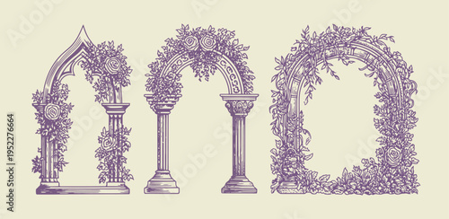 Принти на полотні Gothic window frame vector set with hand drawn medieval cloister arch borders, f
