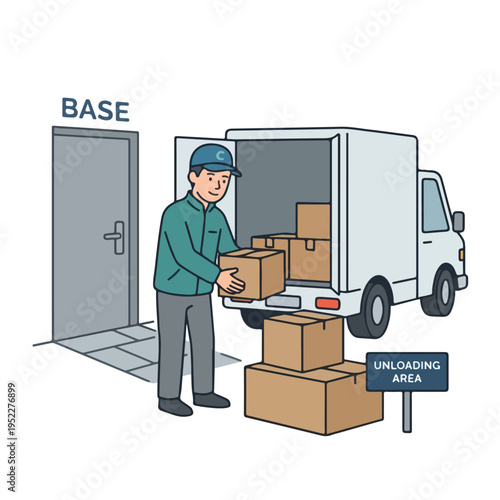 Courier vector arranging packages in the loading area before loading them into the car