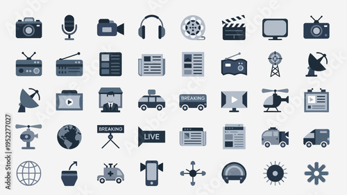 A simple set of business and finance icons showing communication, network, and digital services symbols in a clean vector style