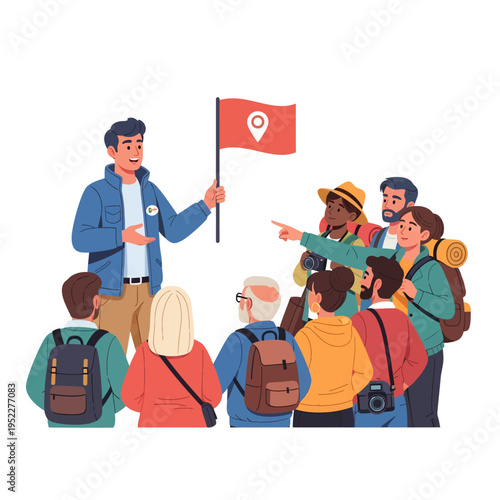 Tour guide leading a group of tourists with a flag and pointing to a location