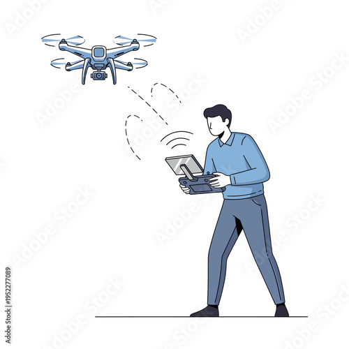 Detailed illustration of a person flying an advanced drone using a remote control, showcasing modern technology and capabilities for aerial photography and exploration