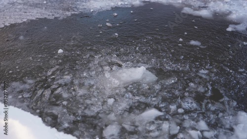Wallpaper Mural Piece of ice drops through a broken opening in the frozen surface and falls into the water below. Small ice fragments surround the hole in the winter ice. High quality 4k footage Torontodigital.ca