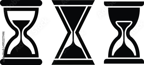 Hourglass set, three different transparent sandglass with flowing sand and empty