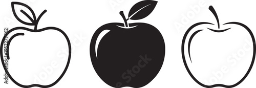 Three black and white apple illustrations with one solid black apple. 