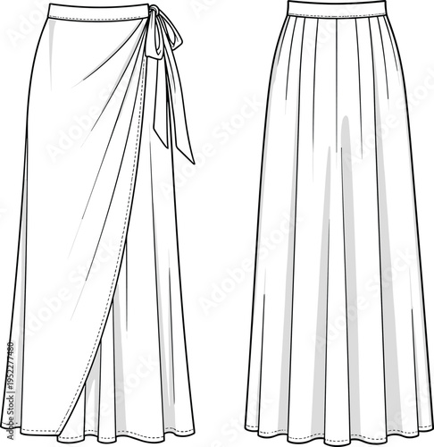 Fashion Technical Sketch of a Long Maxi Wrap Skirt with Side Bow Tie Detail for Women’s Apparel Design and Mockup