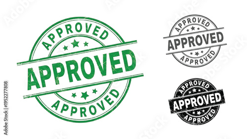 Green approved stamps with stars on white background
