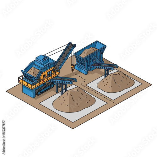 Isometric illustration of a mobile crushing plant processing aggregate materials on a construction site.