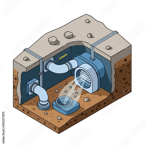 Isometric illustration showing a cross-section of an underground ventilation system with pipes, a fan, and a manhole cover.