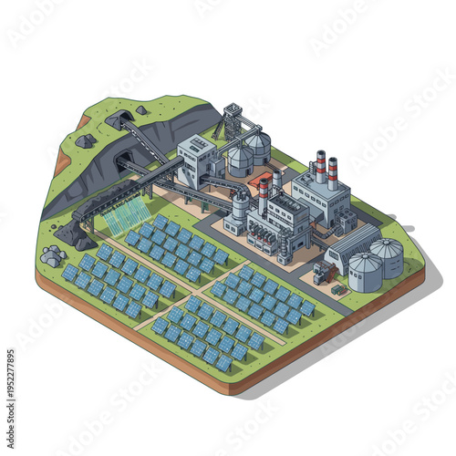 An isometric illustration of a modern industrial complex featuring a coal mine, solar panels, and a power plant, representing diverse energy production methods.