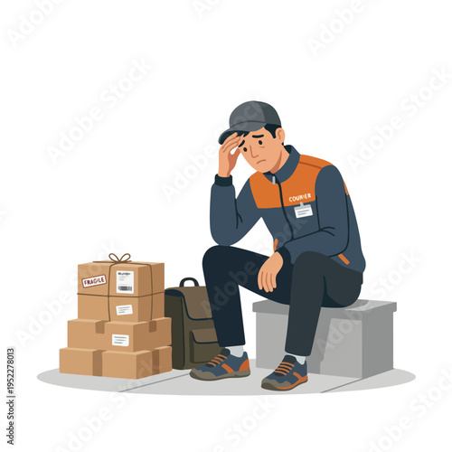 Vector courier sitting confused with several packages not yet sent