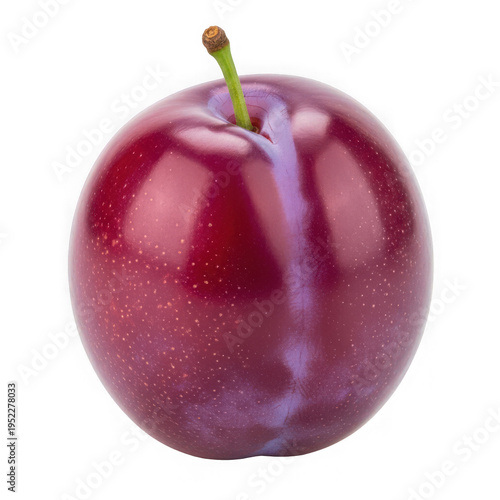 A red plum with a green stem png isolated on transparent background