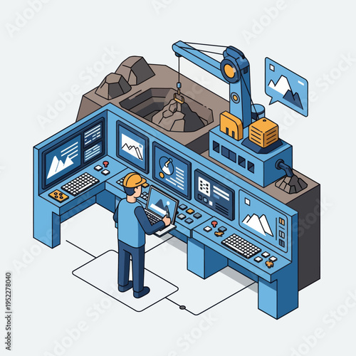 A mining control room operator monitors operations on multiple screens, overseeing automated extraction and data analysis.
