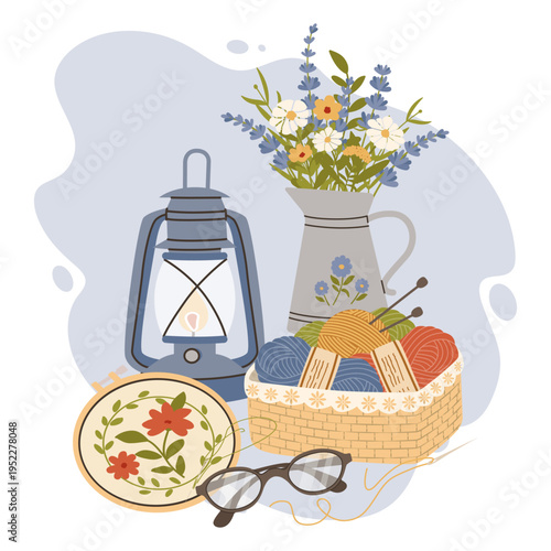 Cozy craft flat vector illustration. Features a knitting basket with yarn, embroidery hoop, glasses, vintage kerosene lamp, and wildflowers in a pitcher. Great for handmade and hobby themes.