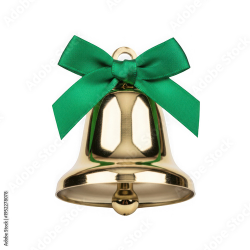 A gold bell with a green ribbon png isolated on transparent background