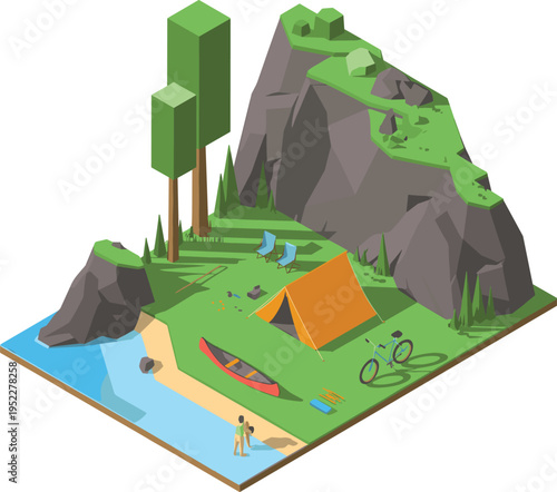 Isometric camping landscape illustration, mountain river beach with tent canoe bicycle and outdoor gear, adventure travel nature concept, 3D render