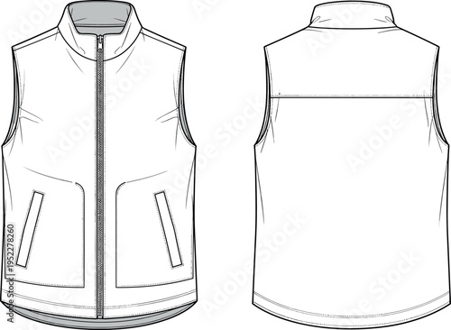 Technical flat sketch of a sleeveless men zip-up vest puffer gilet jacket front and back view for fashion design template