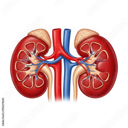 A detailed illustration of human kidneys and their vascular structure png isolated on transparent background