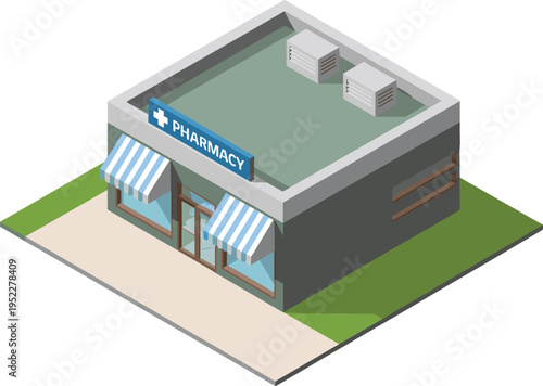 Isometric pharmacy building illustration, modern medical store exterior with signage awnings and rooftop units, healthcare retail architecture 3D render concept
